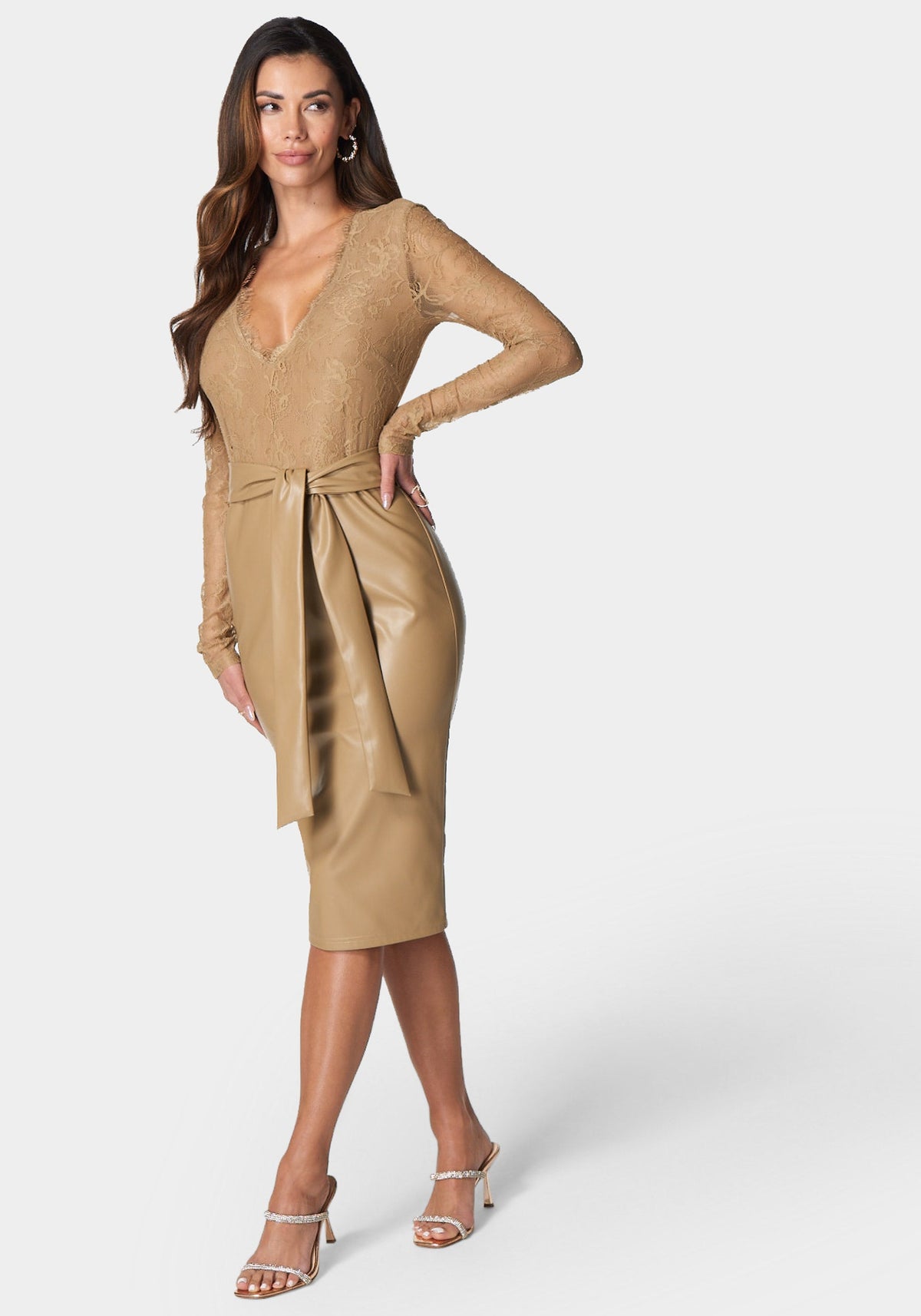 Vegan Leather Lace Midi Dress Camel - bebe Camel - bebe