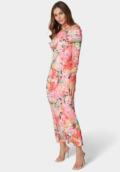 Off Shoulder Tri Color Lace Dress Pink Multi - bebe