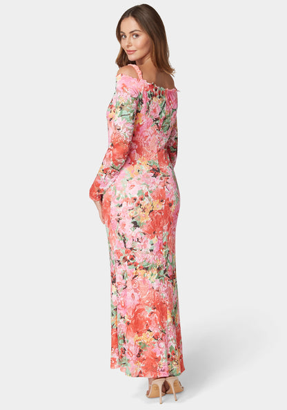 Off Shoulder Tri Color Lace Dress Pink Multi - bebe