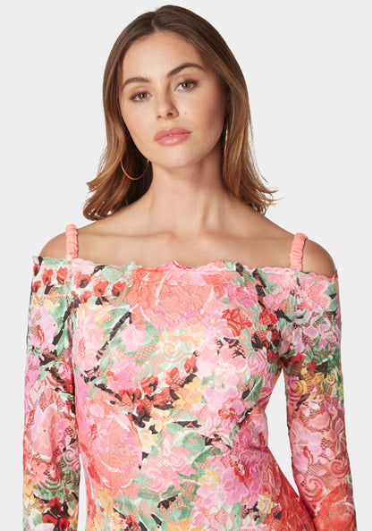 Off Shoulder Tri Color Lace Dress Pink Multi - bebe