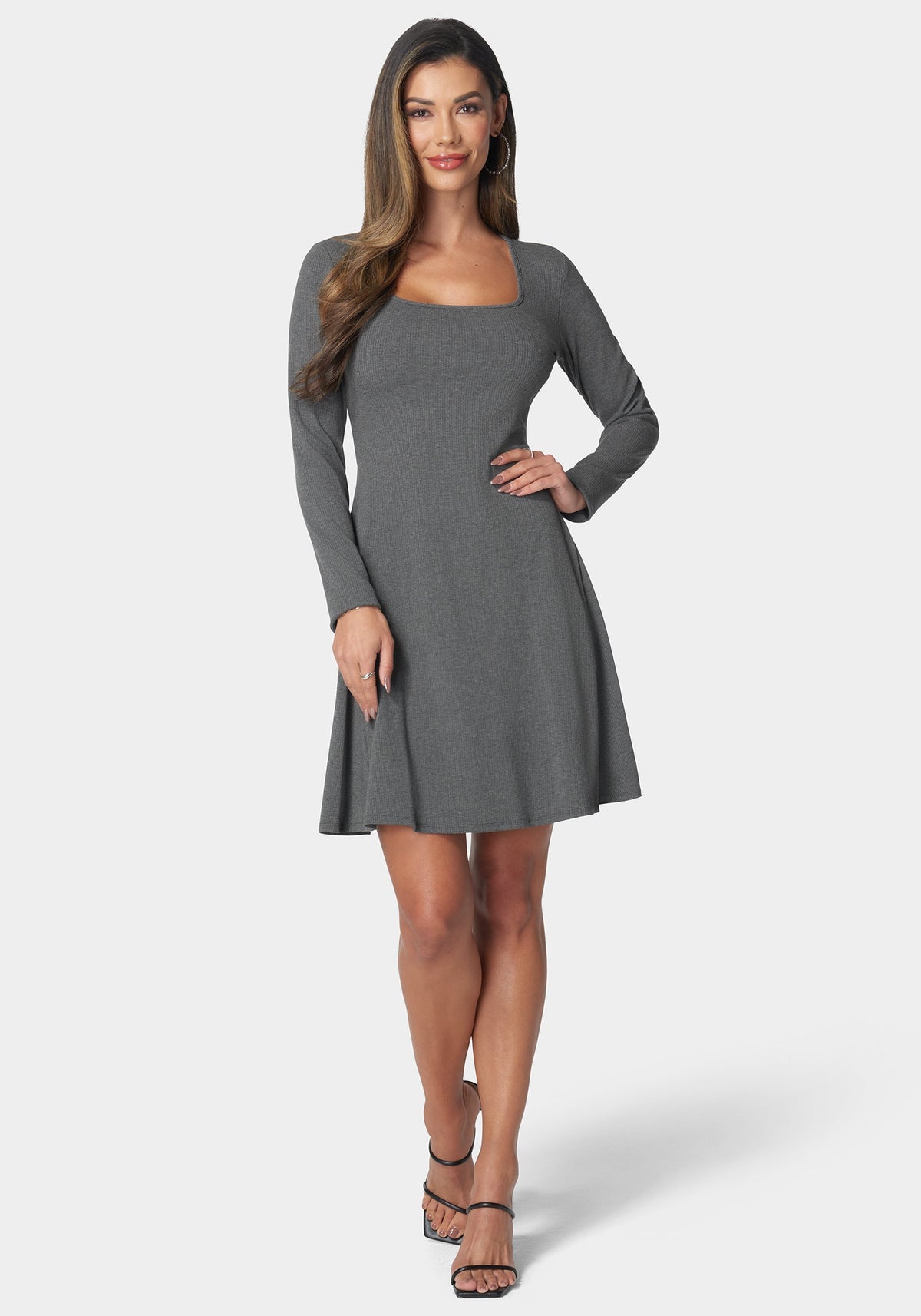 Rib Long Sleeve Godet Dress Charcoal - bebe