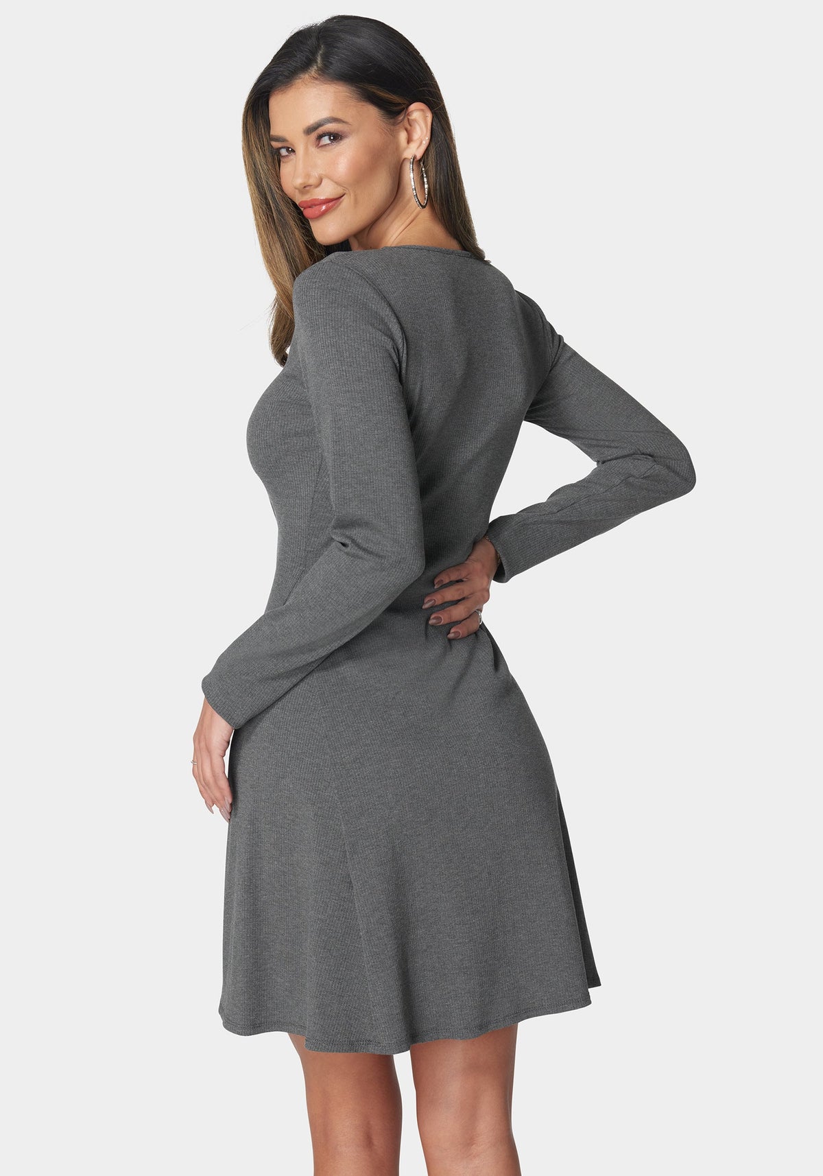 Rib Long Sleeve Godet Dress Charcoal - bebe