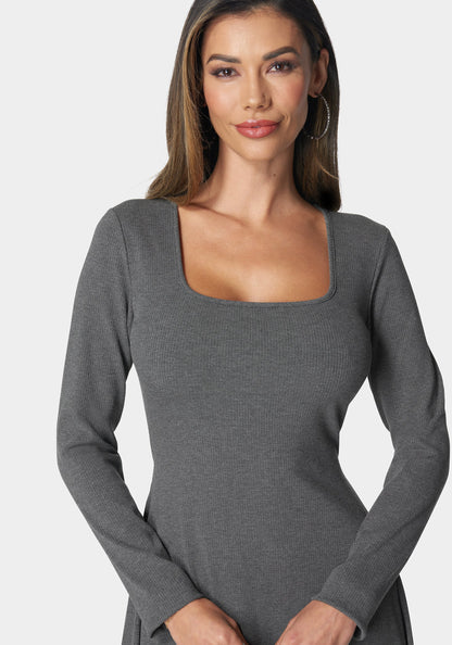 Rib Long Sleeve Godet Dress Charcoal - bebe