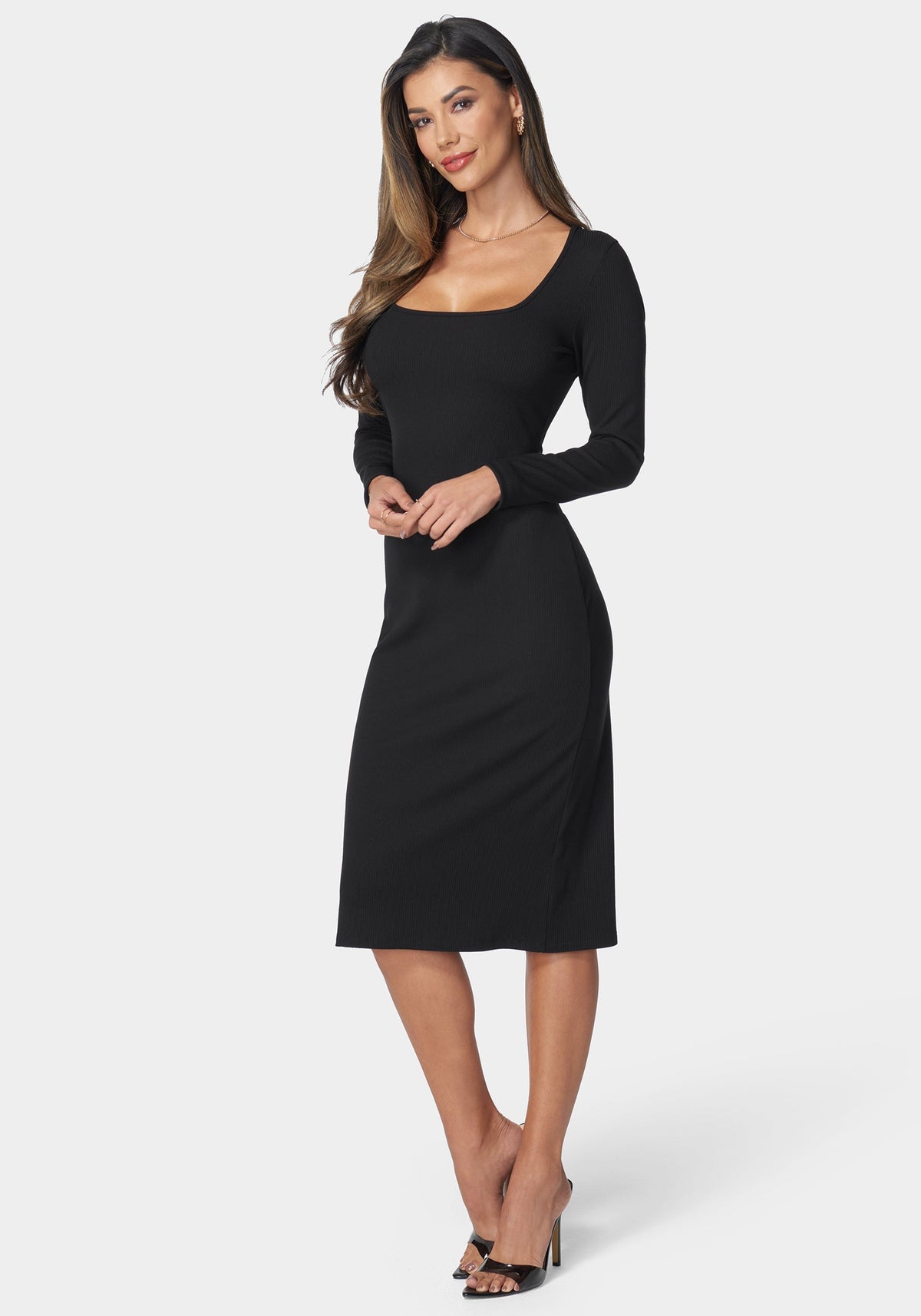 Long Sleeve Square Neck Rib Midi Dress Black - bebe