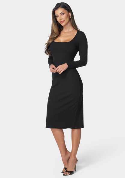 Long Sleeve Square Neck Rib Midi Dress Black - bebe