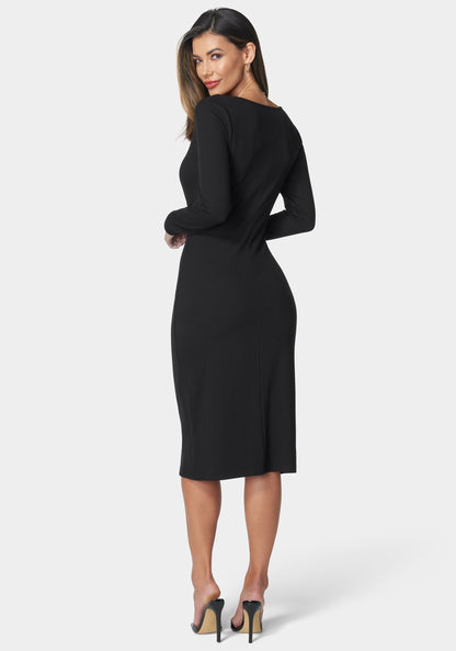 Long Sleeve Square Neck Rib Midi Dress Black - bebe