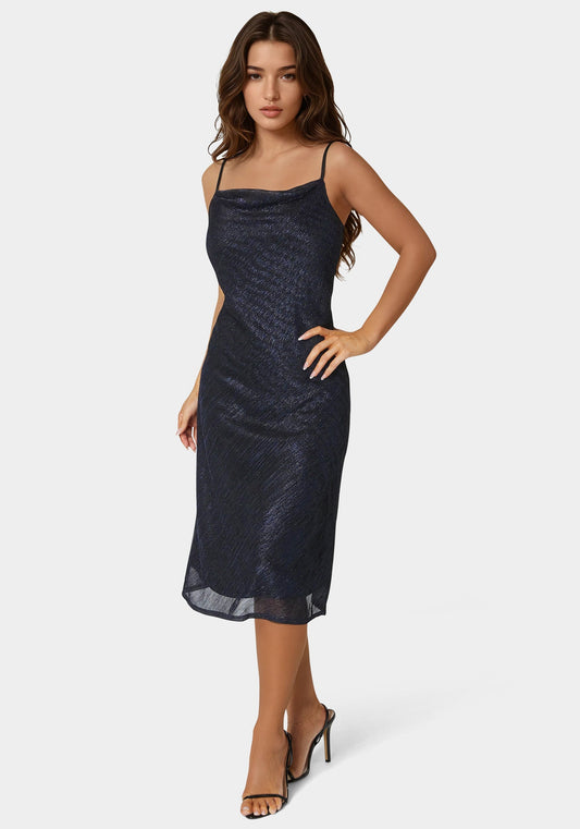 Pleated Cowl Neck Midi Dress Navy - bebe Navy - bebe
