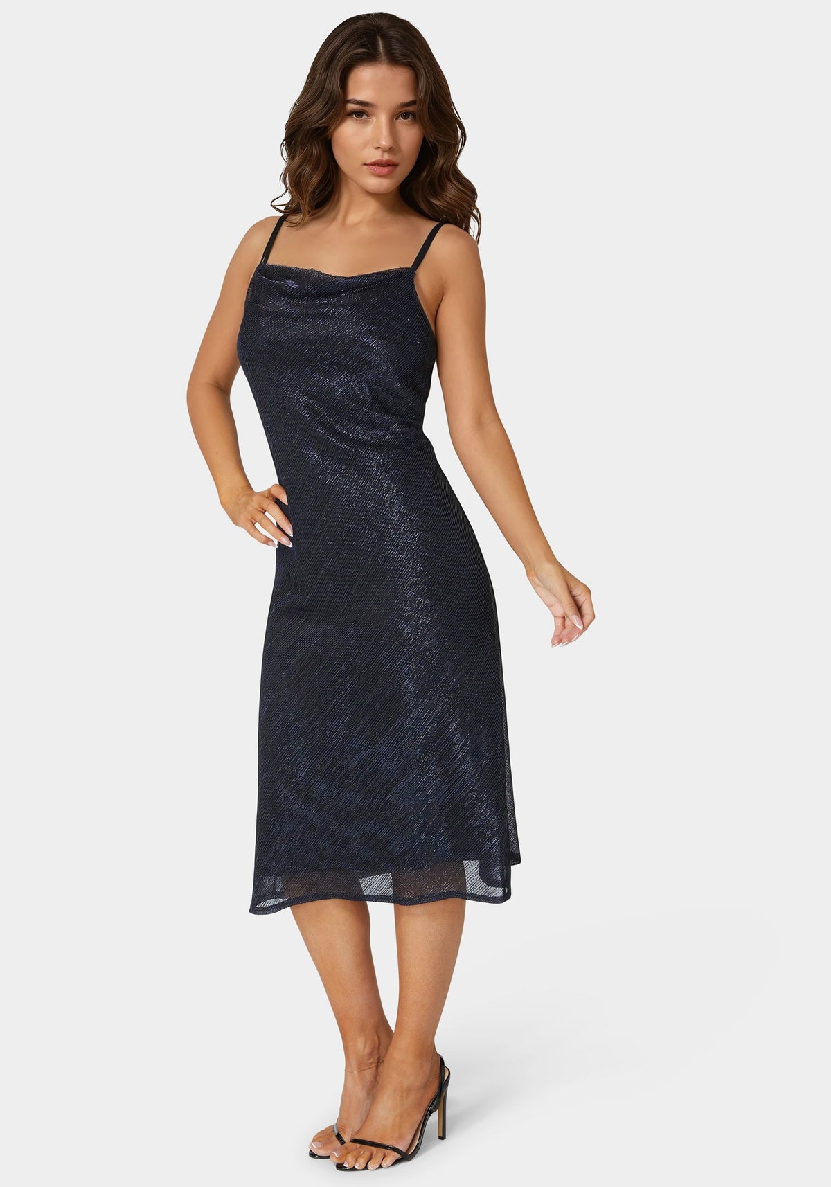 Pleated Cowl Neck Midi Dress Navy - bebe Navy - bebe