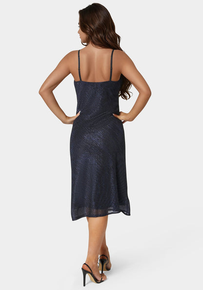 Pleated Cowl Neck Midi Dress Navy - bebe Navy - bebe