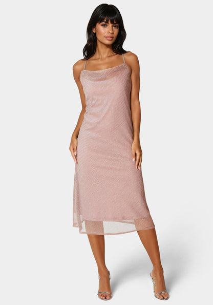 Pleated Cowl Neck Midi Dress Dusty Rose - bebe Dusty Rose - bebe