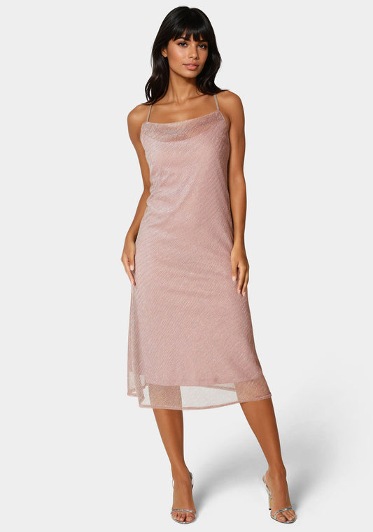 Pleated Cowl Neck Midi Dress Dusty Rose - bebe Dusty Rose - bebe