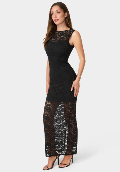Lace Racer Sleeveless Maxi Dress Black - bebe