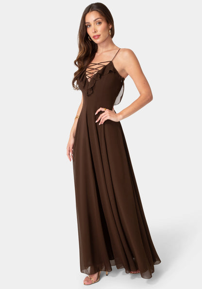 Lace Up Ruffle Chiffon Maxi Dress Chocolate - bebe