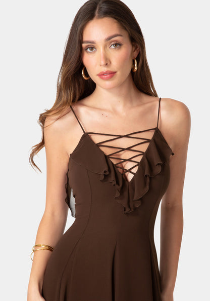 Lace Up Ruffle Chiffon Maxi Dress Chocolate - bebe