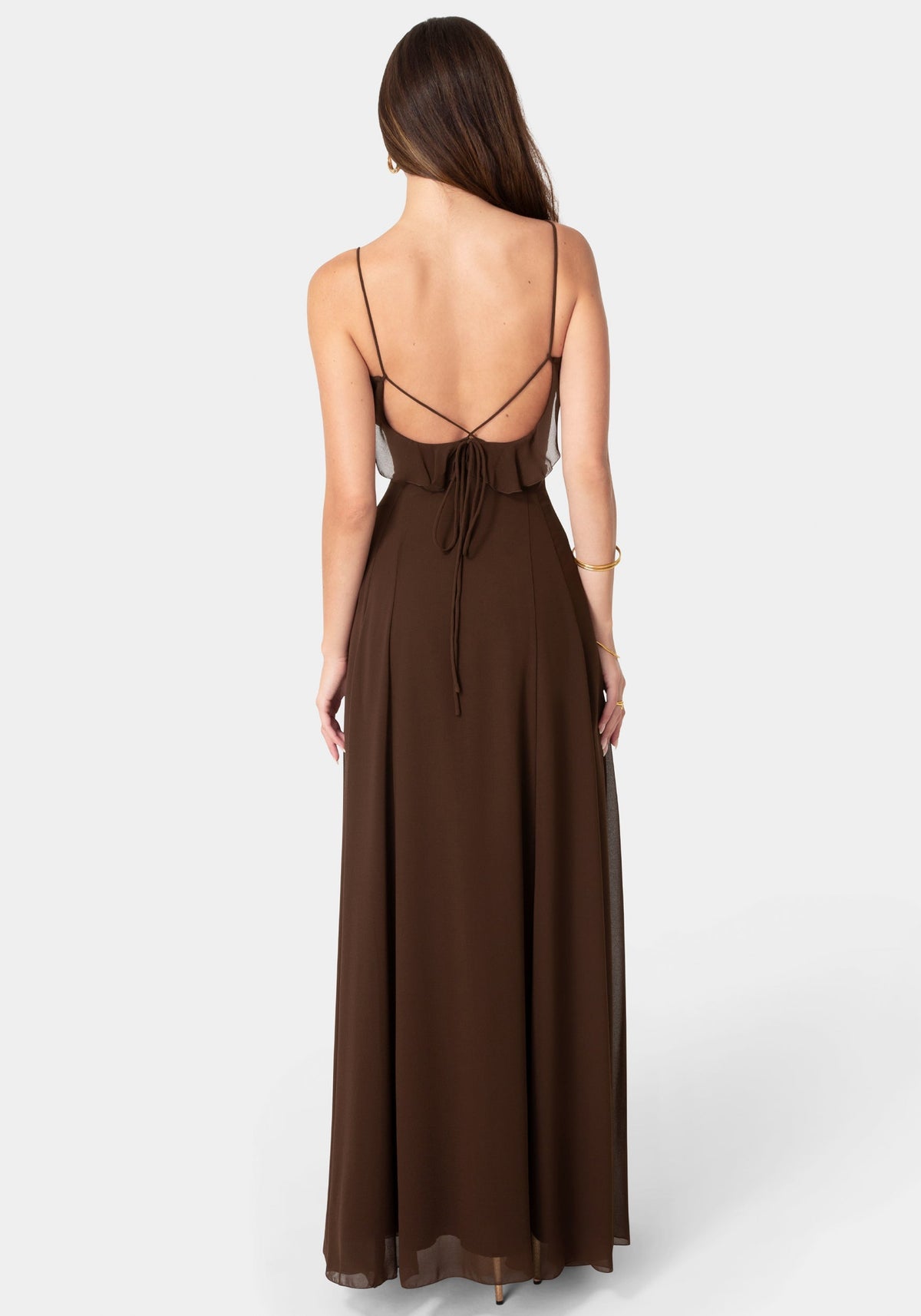 Lace Up Ruffle Chiffon Maxi Dress Chocolate - bebe