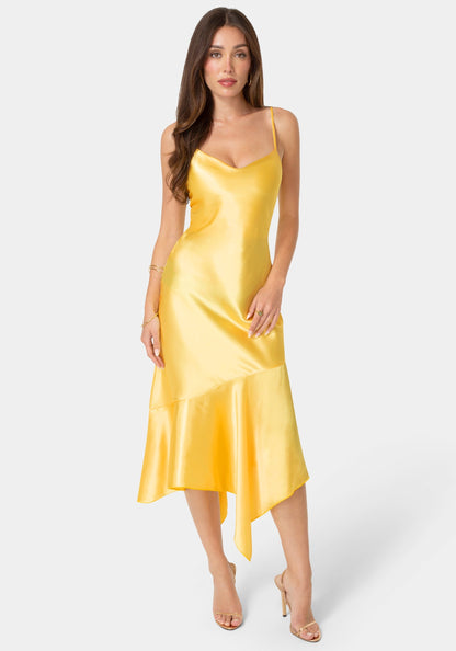 Satin V-Neck Hanky Maxi Dress Yellow - bebe