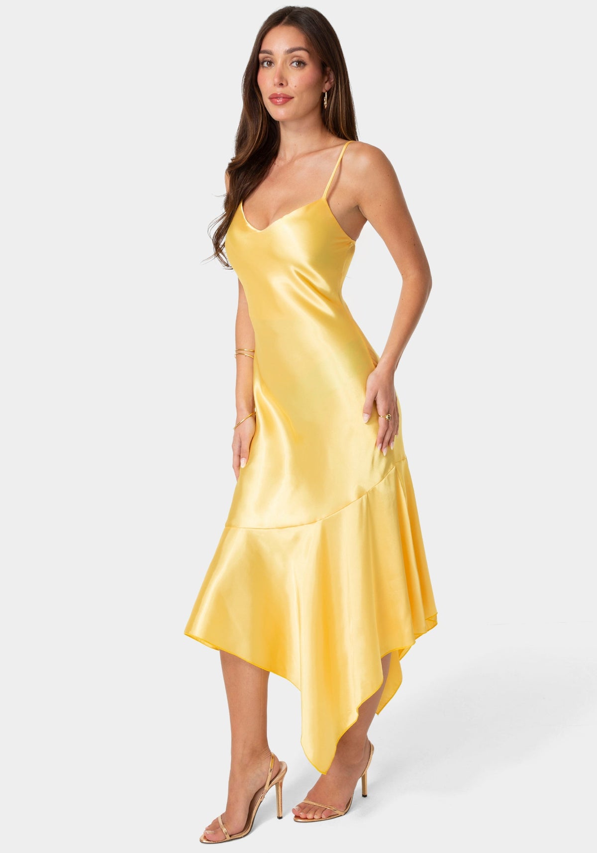 Satin V-Neck Hanky Maxi Dress Yellow - bebe
