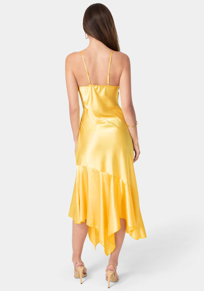 Satin V-Neck Hanky Maxi Dress Yellow - bebe