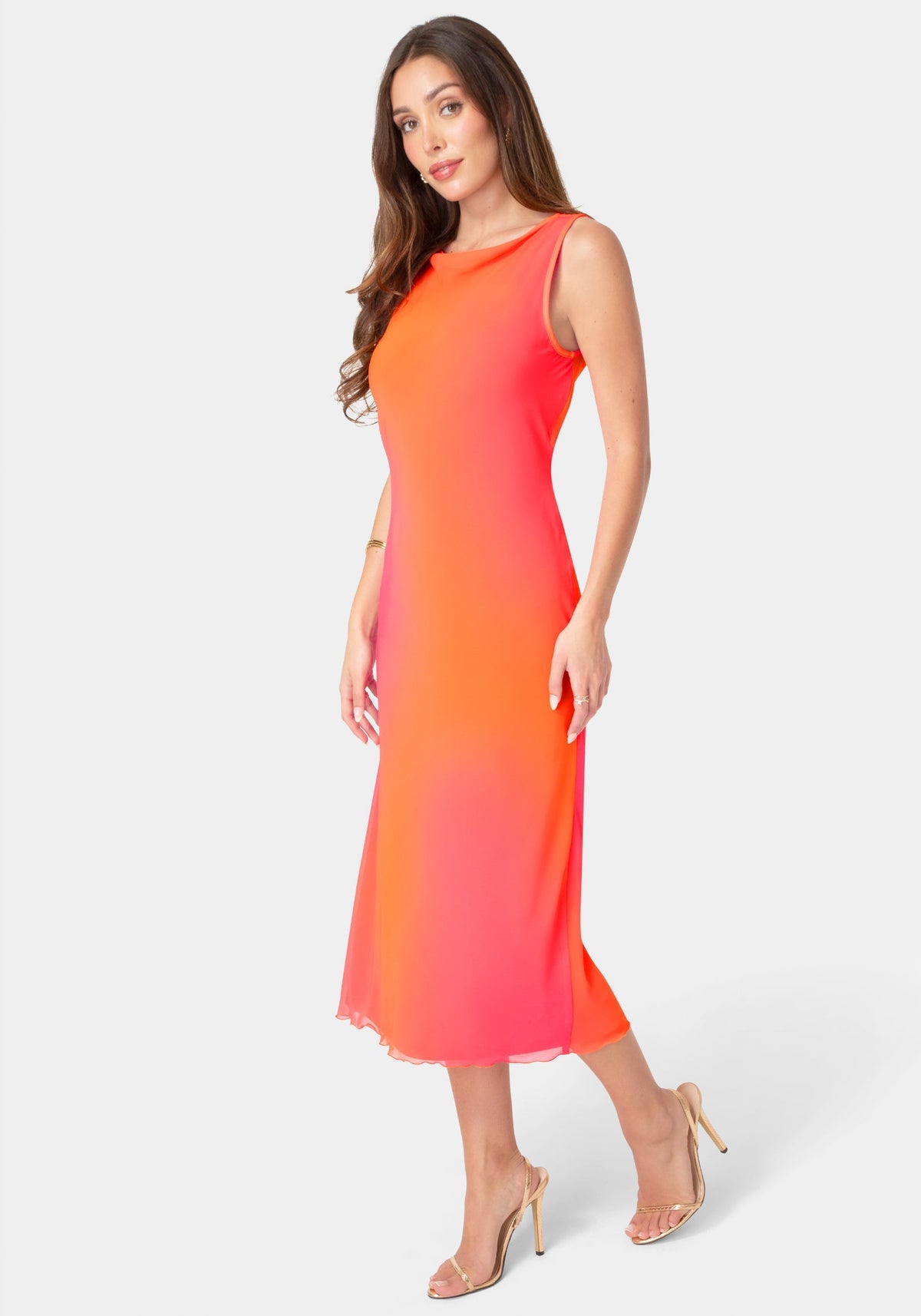 Smudge Chiffon Racer Neck Maxi Dress Orange Fuchsia - bebe