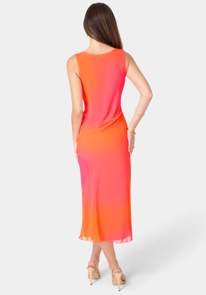 Smudge Chiffon Racer Neck Maxi Dress Orange Fuchsia - bebe