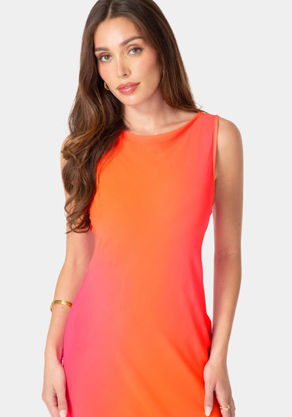 Smudge Chiffon Racer Neck Maxi Dress Orange Fuchsia - bebe