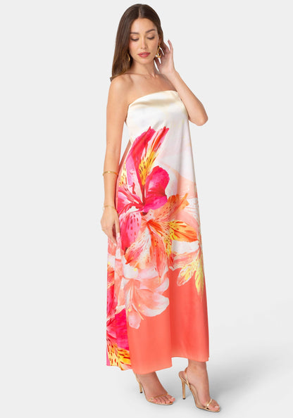 Printed Satin Strapless Maxi Dress Pink/Floral - bebe
