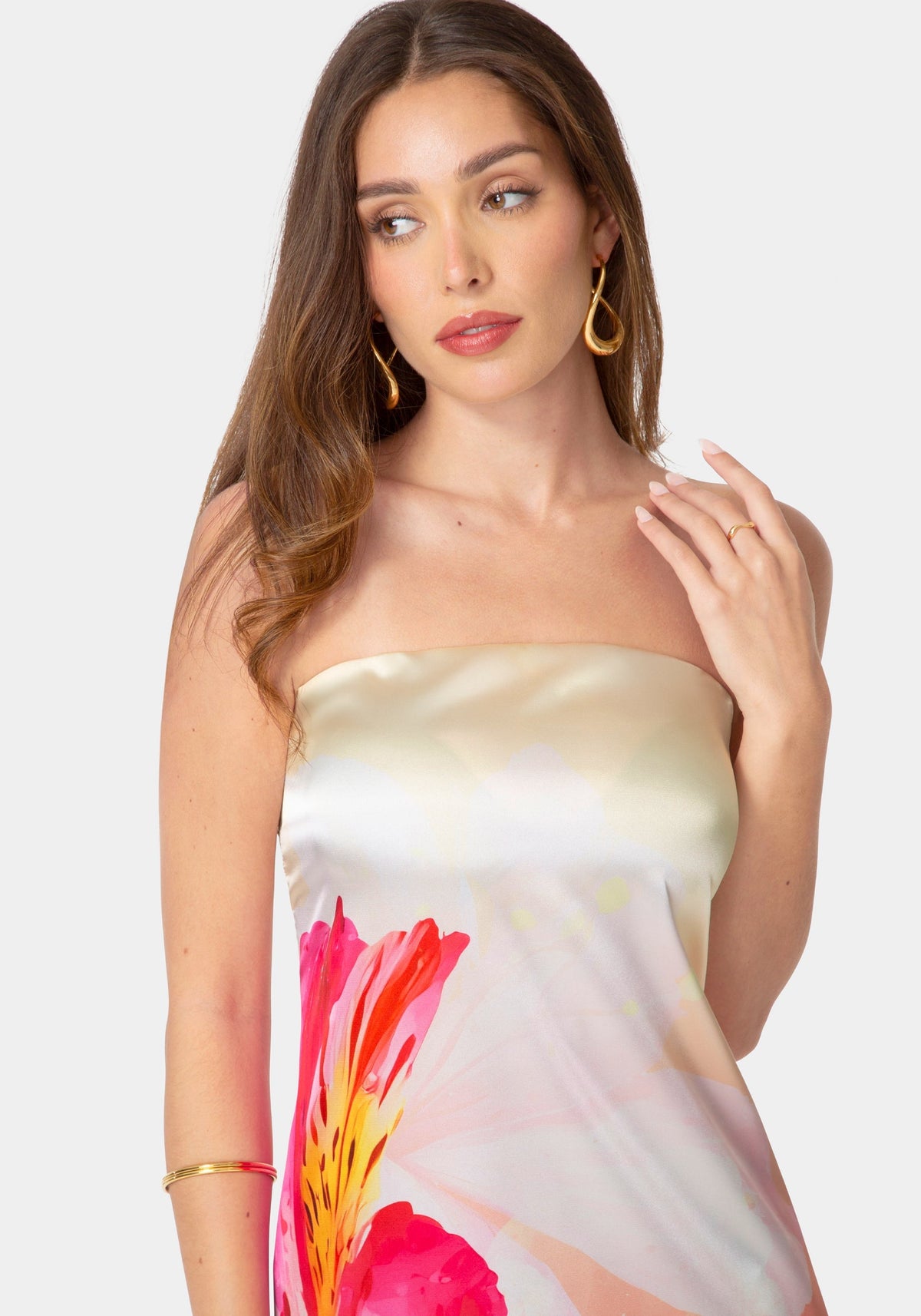 Printed Satin Strapless Maxi Dress Pink/Floral - bebe