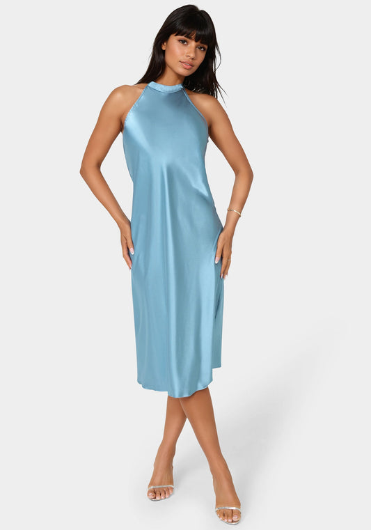 Satin Halter Dress Navy - bebe