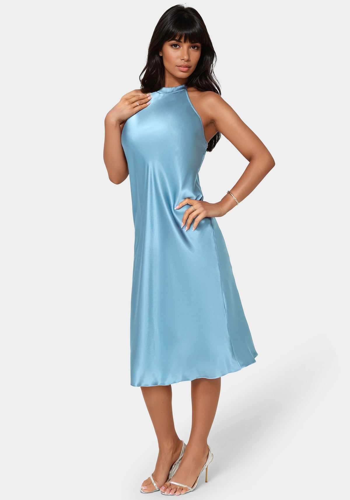 Satin Halter Dress Navy - bebe