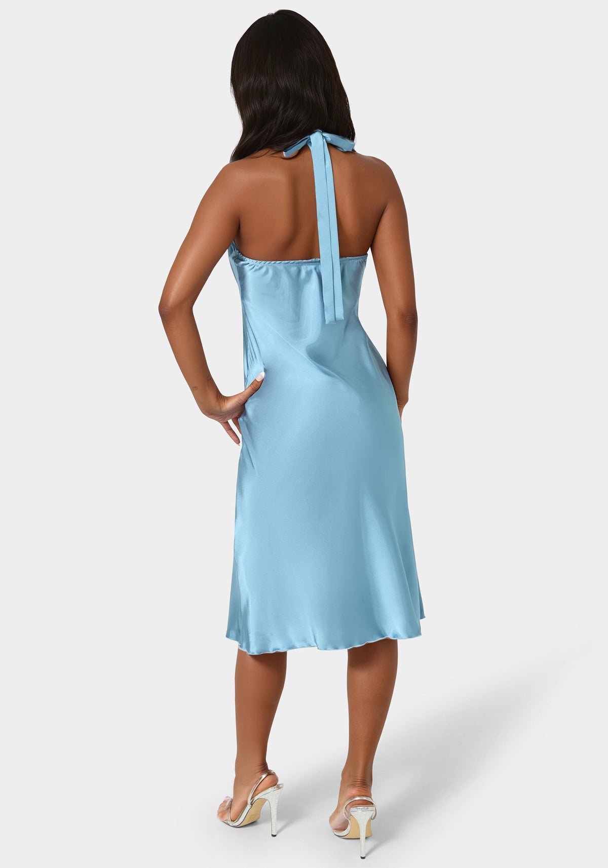 Satin Halter Dress Navy - bebe