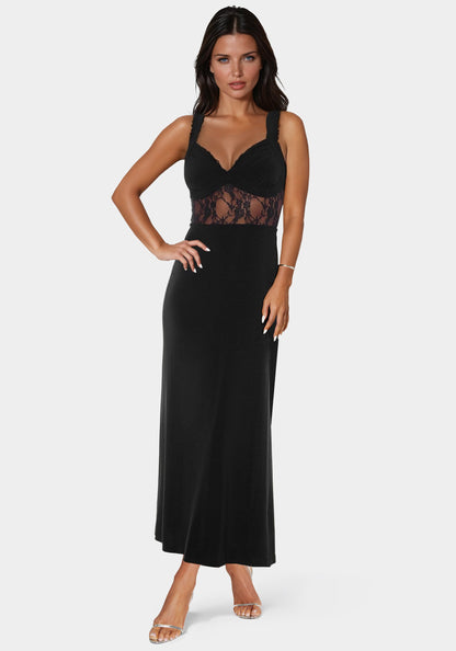 Lace Inset Knit Slip Dress Black - bebe