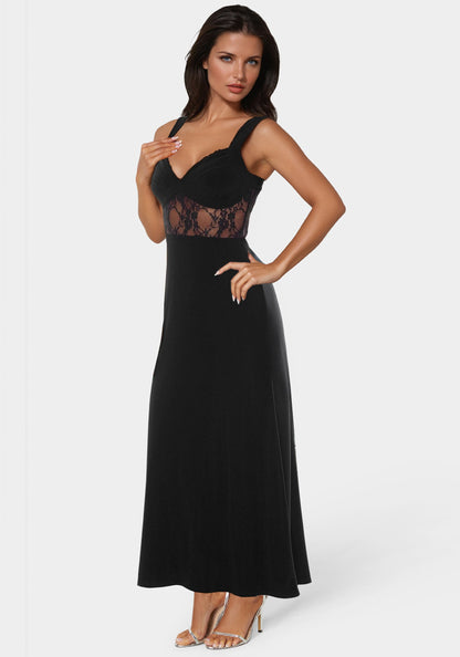 Lace Inset Knit Slip Dress Black - bebe