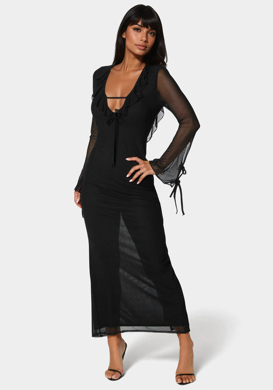 Ruffle Detail Mesh Maxi Dress Black - bebe