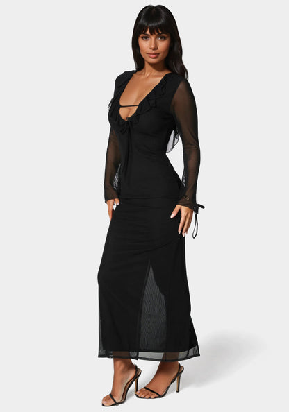 Ruffle Detail Mesh Maxi Dress Black - bebe
