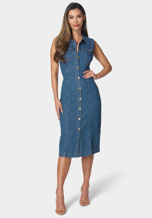 Sleeveless Front Button Denim Dress Medium Wash -bebe Medium Wash - bebe