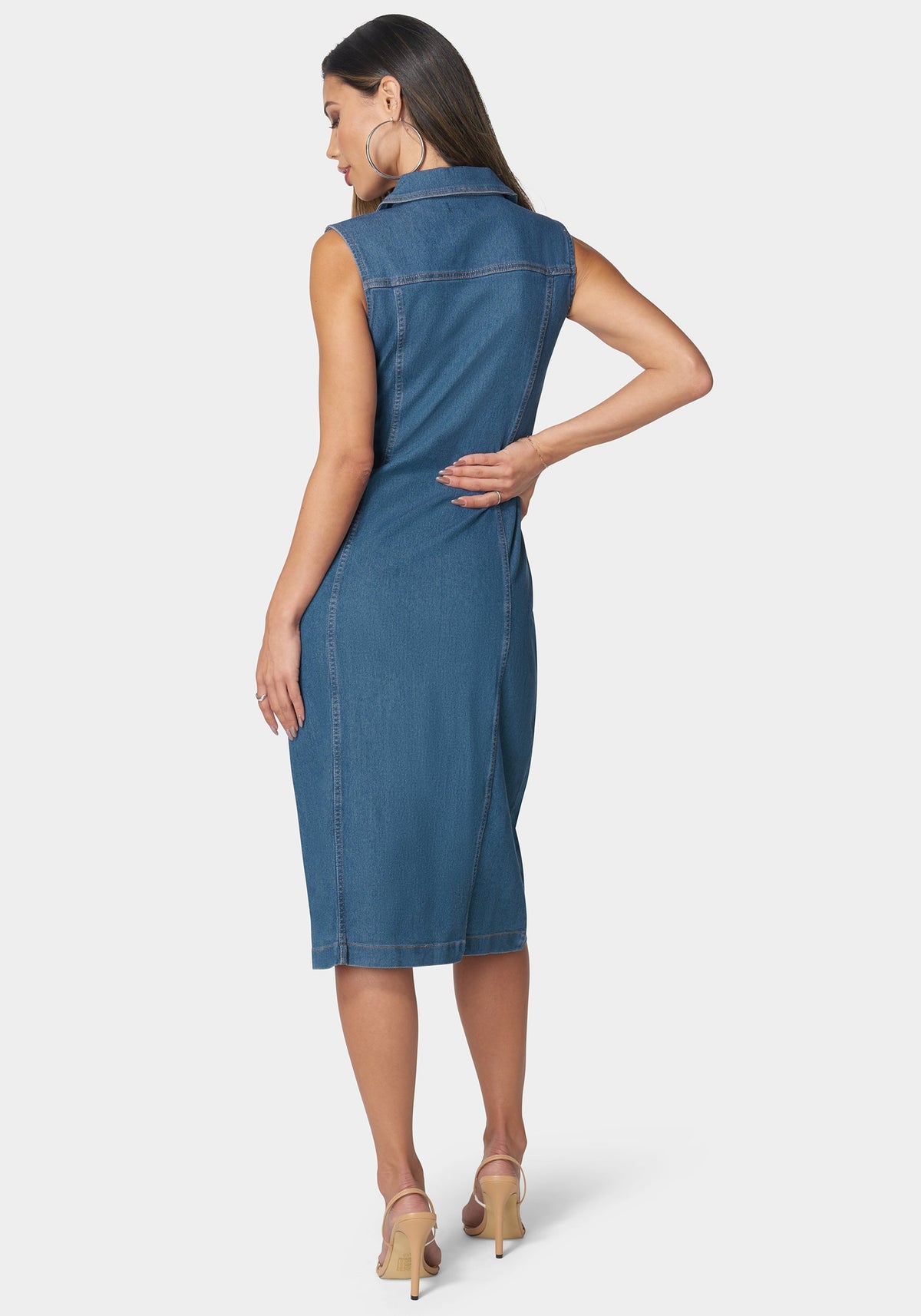 Sleeveless Front Button Denim Dress Medium Wash -bebe Medium Wash - bebe