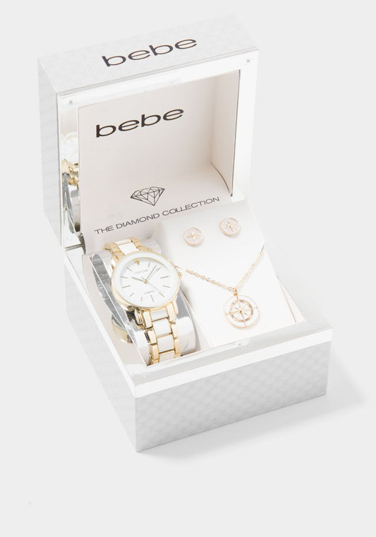 Diamond Dial Watch Necklace And Earring Set White - bebe