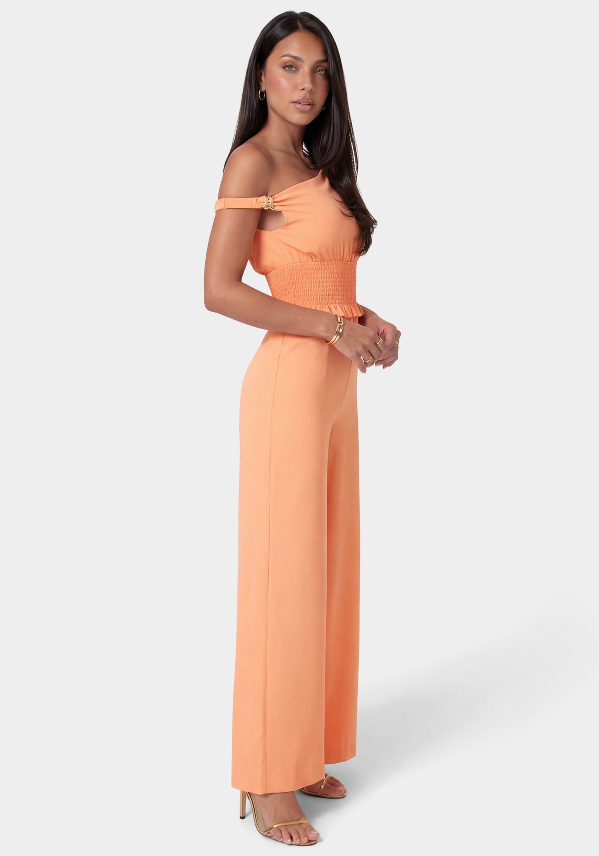Off Shoulder Wide Leg Jumpsuit Papaya Punch - bebe