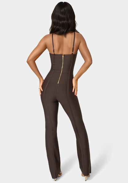 Bandage Mini Flare Leg Jumpsuit Chocolate Martini - bebe