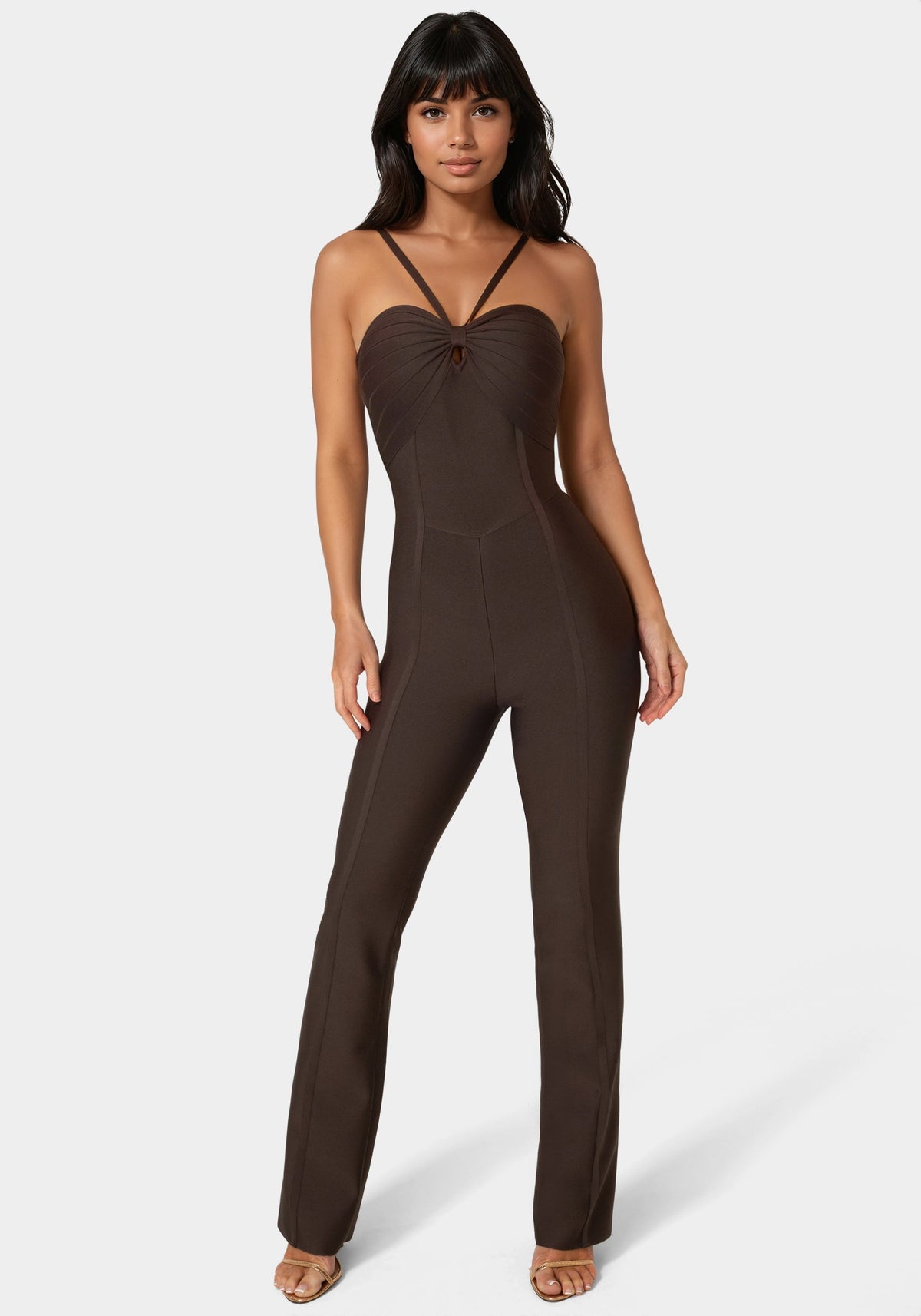 Bandage Mini Flare Leg Jumpsuit Chocolate Martini - bebe