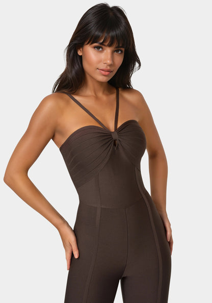 Bandage Mini Flare Leg Jumpsuit Chocolate Martini - bebe