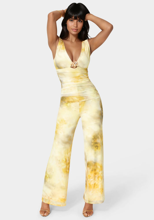 Shirred Waist Palazzo Leg Jumpsuit Mimosa Haze Print - bebe