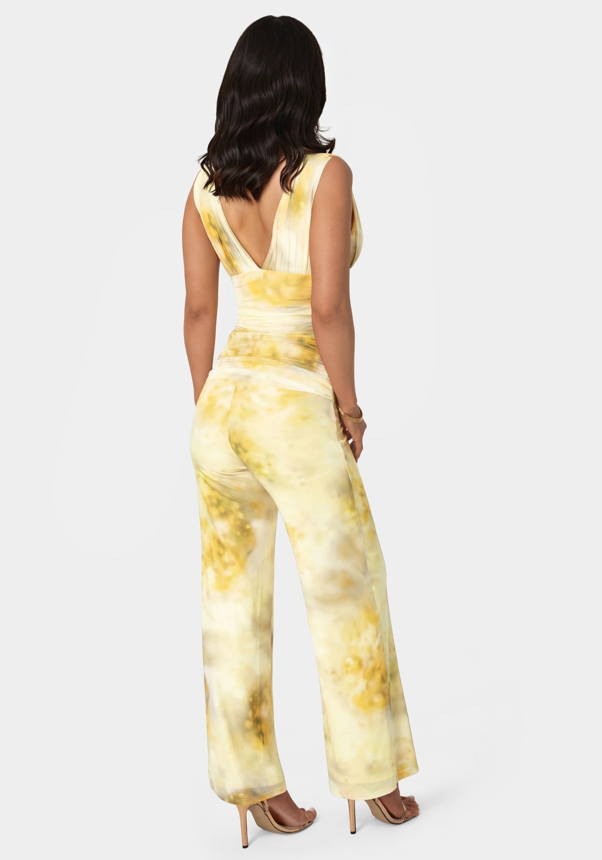 Shirred Waist Palazzo Leg Jumpsuit Mimosa Haze Print - bebe