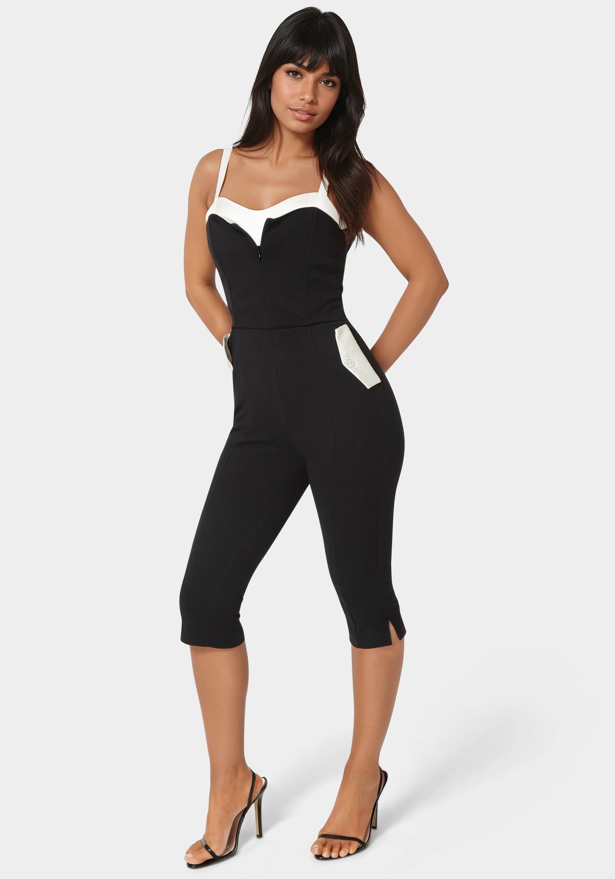 Satin Peek A Boo Capri Leg Jumpsuit Black - bebe