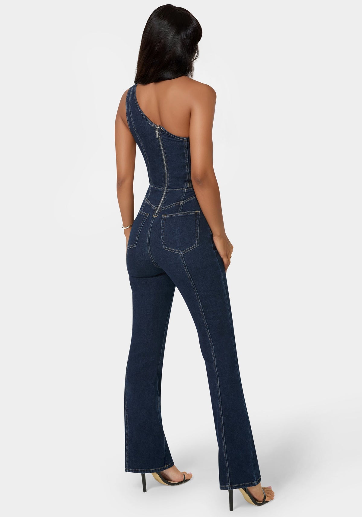 One Shoulder Straight Flare Leg Denim Jumpsuit Midnight Blue Wash - bebe