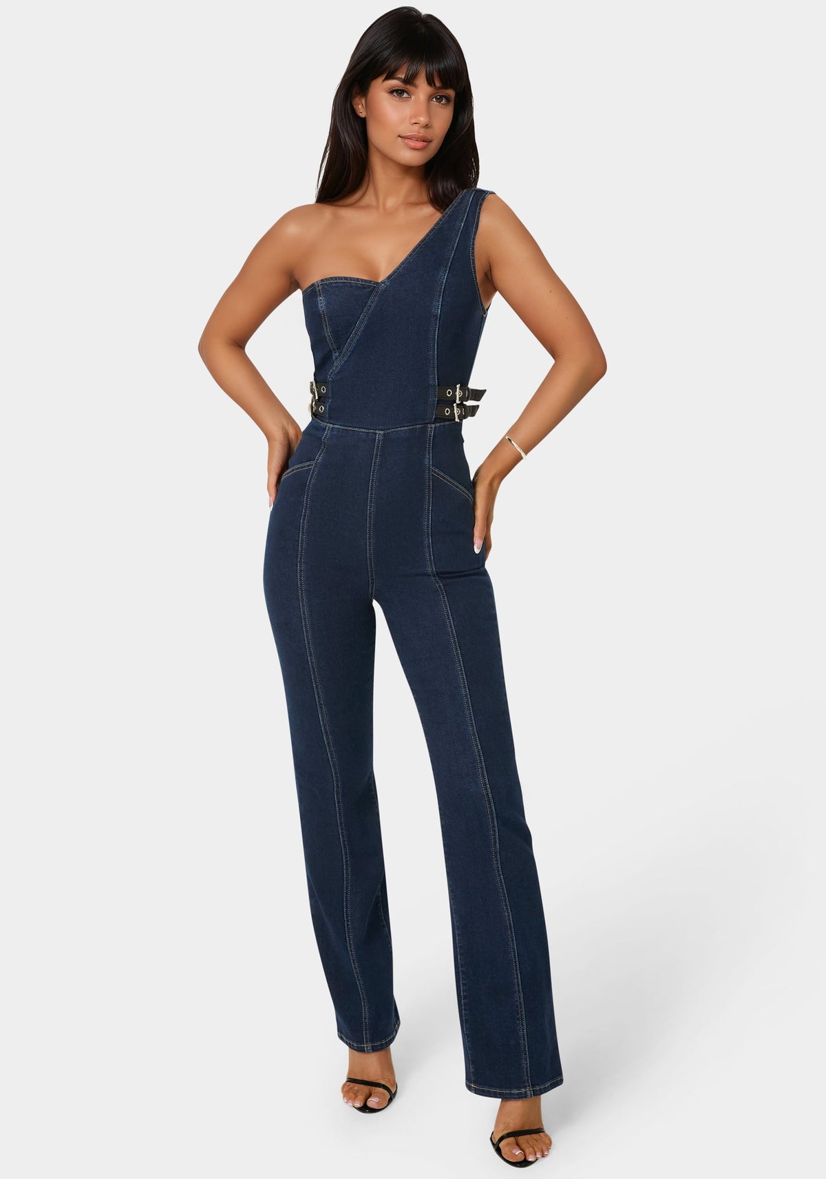 One Shoulder Straight Flare Leg Denim Jumpsuit Midnight Blue Wash - bebe