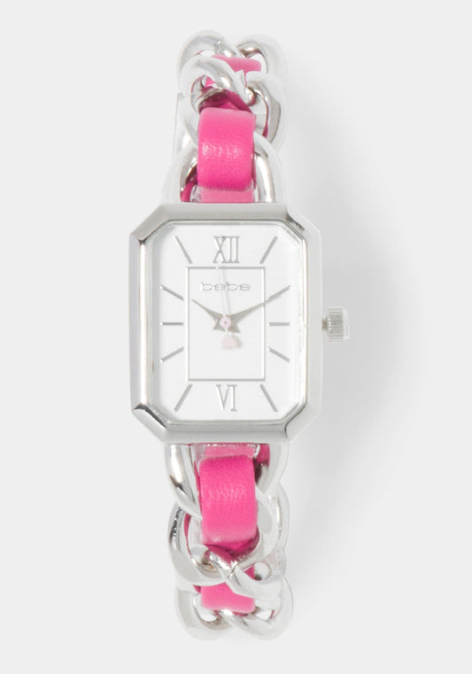 Pink Strap and Silver Metal Chain Link Bracelet Watch Hot Pink/Silver - bebe