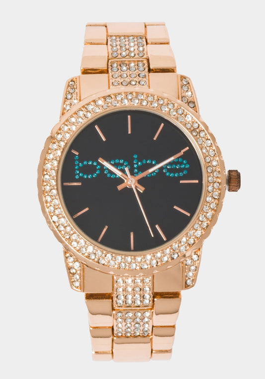Black Smooth Dial Crystal Bezel Watch Rose Gold - bebe