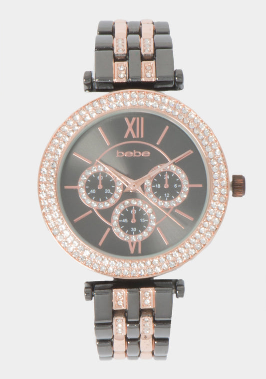 Glossy Gun Metal Dial Crystal Bezel Watch Rose Gold-Gun - bebe