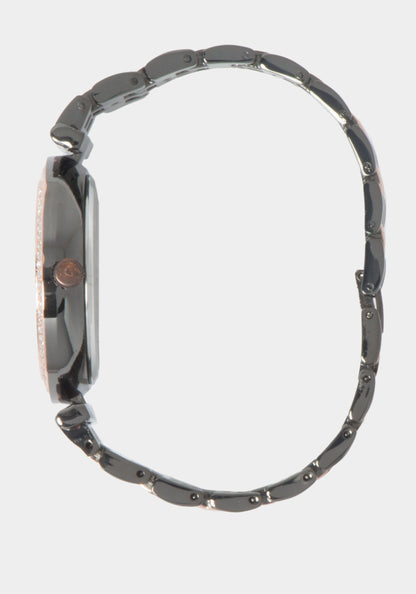 Glossy Gun Metal Dial Crystal Bezel Watch Rose Gold-Gun - bebe